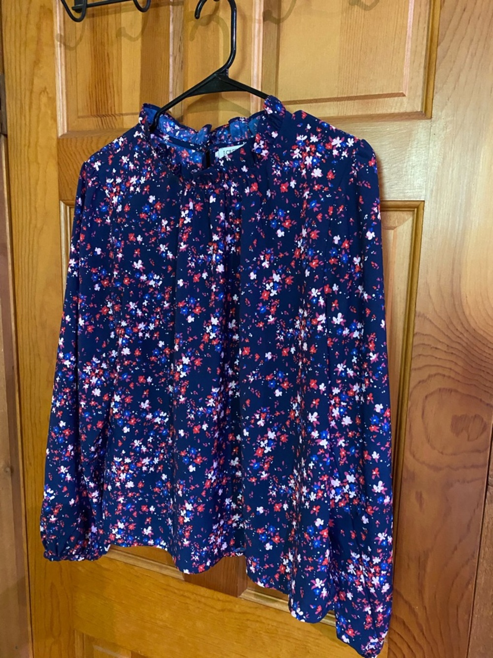 J. Crew Factory Navy Floral Ruffle-Neck Blouse